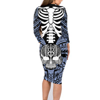 personalised-polynesia-skull-family-matching-long-sleeve-bodycon-dress-and-hawaiian-shirt-with-boars-tusk-blue-arty-vibe