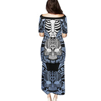 Personalised Polynesia Skull Family Matching Puletasi Dress and Hawaiian Shirt With Boars Tusk Blue Arty Vibe LT9 - Polynesian Pride