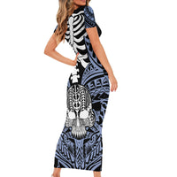 personalised-polynesia-skull-family-matching-short-sleeve-bodycon-dress-and-hawaiian-shirt-with-boars-tusk-blue-arty-vibe