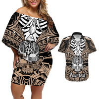 Personalised Polynesia Skull Couples Matching Off Shoulder Short Dress and Hawaiian Shirt With Boars Tusk Gold Arty Vibe LT9 Gold - Polynesian Pride