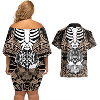 Personalised Polynesia Skull Couples Matching Off Shoulder Short Dress and Hawaiian Shirt With Boars Tusk Gold Arty Vibe LT9 - Polynesian Pride