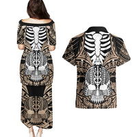 Personalised Polynesia Skull Couples Matching Puletasi Dress and Hawaiian Shirt With Boars Tusk Gold Arty Vibe LT9 - Polynesian Pride