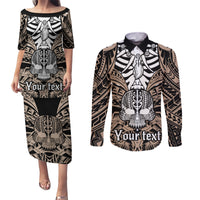 Personalised Polynesia Skull Couples Matching Puletasi Dress and Long Sleeve Button Shirts With Boars Tusk Gold Arty Vibe LT9 Gold - Polynesian Pride