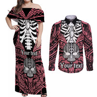 personalised-polynesia-skull-couples-matching-off-shoulder-maxi-dress-and-long-sleeve-button-shirts-with-boars-tusk-pink-arty-vibe