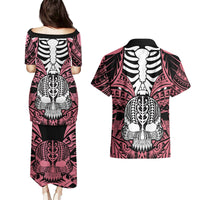 Personalised Polynesia Skull Couples Matching Puletasi Dress and Hawaiian Shirt With Boars Tusk Pink Arty Vibe LT9 - Polynesian Pride