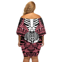 Personalised Polynesia Skull Off Shoulder Short Dress With Boars Tusk Pink Arty Vibe LT9 - Polynesian Pride