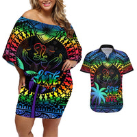 Fiji LGBT Couples Matching Off Shoulder Short Dress and Hawaiian Shirt Love Is Love Tapa Pattern Rainbow Water Color LT9 Black - Polynesian Pride