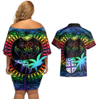 Fiji LGBT Couples Matching Off Shoulder Short Dress and Hawaiian Shirt Love Is Love Tapa Pattern Rainbow Water Color LT9 - Polynesian Pride