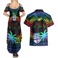 Fiji LGBT Couples Matching Summer Maxi Dress and Hawaiian Shirt Love Is Love Tapa Pattern Rainbow Water Color LT9 - Polynesian Pride