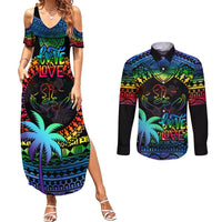 Fiji LGBT Couples Matching Summer Maxi Dress and Long Sleeve Button Shirts Love Is Love Tapa Pattern Rainbow Water Color LT9 Black - Polynesian Pride