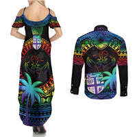Fiji LGBT Couples Matching Summer Maxi Dress and Long Sleeve Button Shirts Love Is Love Tapa Pattern Rainbow Water Color LT9 - Polynesian Pride