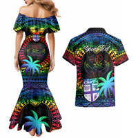 Personalised Fiji LGBT Couples Matching Mermaid Dress and Hawaiian Shirt Love Is Love Tapa Pattern Rainbow Water Color LT9 - Polynesian Pride