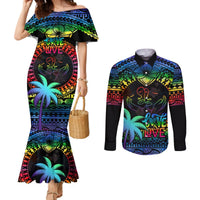Personalised Fiji LGBT Couples Matching Mermaid Dress and Long Sleeve Button Shirts Love Is Love Tapa Pattern Rainbow Water Color LT9 Black - Polynesian Pride