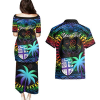 Personalised Fiji LGBT Couples Matching Puletasi Dress and Hawaiian Shirt Love Is Love Tapa Pattern Rainbow Water Color LT9 - Polynesian Pride