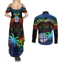 Personalised Fiji LGBT Couples Matching Summer Maxi Dress and Long Sleeve Button Shirts Love Is Love Tapa Pattern Rainbow Water Color LT9 - Polynesian Pride