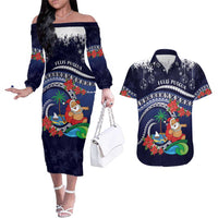 Felis Pusgua Guam Santa Couples Matching Off The Shoulder Long Sleeve Dress and Hawaiian Shirt Merry Christmas with Polynesian Tribal LT9 Blue - Polynesian Pride