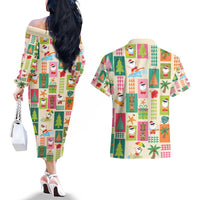 Mele Kalikimaka Hawaii Christmas Couples Matching Off The Shoulder Long Sleeve Dress and Hawaiian Shirt Funny Santan Hippie Style LT9 - Polynesian Pride