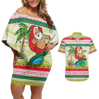 Mele Kalikimaka Hawaii Christmas Couples Matching Off Shoulder Short Dress and Hawaiian Shirt Surfing Santa with Polynesian Tribal LT9 Green - Polynesian Pride