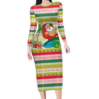 Mele Kalikimaka Hawaii Christmas Family Matching Long Sleeve Bodycon Dress and Hawaiian Shirt Surfing Santa with Polynesian Tribal LT9 Mom's Dress Green - Polynesian Pride
