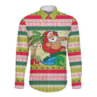 Mele Kalikimaka Hawaii Christmas Long Sleeve Button Shirt Surfing Santa with Polynesian Tribal