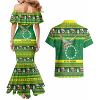 Meri Kiritimiti Cook Islands Christmas Couples Matching Mermaid Dress and Hawaiian Shirt Maroro Flying Fish and White Stars LT9 - Polynesian Pride