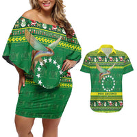 Meri Kiritimiti Cook Islands Christmas Couples Matching Off Shoulder Short Dress and Hawaiian Shirt Maroro Flying Fish and White Stars LT9 Green - Polynesian Pride