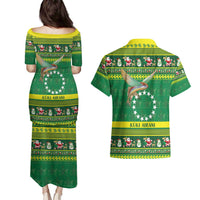 Meri Kiritimiti Cook Islands Christmas Couples Matching Puletasi and Hawaiian Shirt Maroro Flying Fish and White Stars LT9 - Polynesian Pride