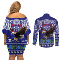 Personalised American Samoa Christmas Couples Matching Off Shoulder Short Dress and Long Sleeve Button Shirt Manuia le Kerisimasi Polynesian Tribal LT9 - Polynesian Pride
