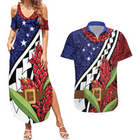 Samoan Ula Fala Flowers Couples Matching Summer Maxi Dress and Hawaiian Shirt Christmas Santa Belt