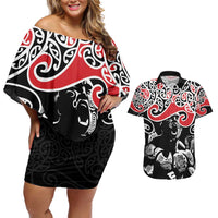 Aotearoa Toitu Te Tiriti Couples Matching Off Shoulder Short Dress and Hawaiian Shirt New Zealand Stand Together Stand Stronger