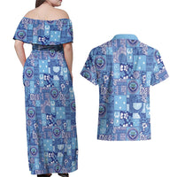 Federated States of Micronesia Merry Christmas Couples Matching Off Shoulder Maxi Dress and Hawaiian Shirt Pacific Patchwork Xmas Vibes - Polynesian Pride