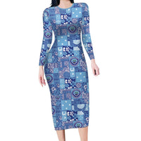 Federated States of Micronesia Merry Christmas Family Matching Long Sleeve Bodycon Dress and Hawaiian Shirt Pacific Patchwork Xmas Vibes LT9 Mom's Dress Blue - Polynesian Pride
