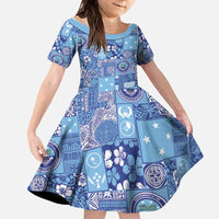 Federated States of Micronesia Merry Christmas Family Matching Off Shoulder Maxi Dress and Hawaiian Shirt Pacific Patchwork Xmas Vibes LT9 Daughter's Dress Blue - Polynesian Pride