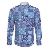 Federated States of Micronesia Merry Christmas Family Matching Off Shoulder Short Dress and Hawaiian Shirt Pacific Patchwork Xmas Vibes LT9 Dad's Shirt - Long Sleeve Blue - Polynesian Pride