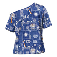 Marshall Islands Merry Christmas Cross Shoulder Shirt Pacific Patchwork Xmas Vibes - Polynesian Pride