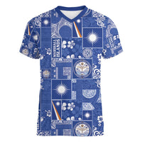 Marshall Islands Merry Christmas Women V-Neck T-Shirt Pacific Patchwork Xmas Vibes - Polynesian Pride