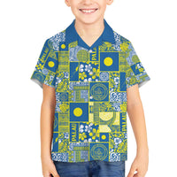 Palau Ungil Kurismas Family Matching Off The Shoulder Long Sleeve Dress and Hawaiian Shirt Pacific Patchwork Xmas Vibes LT9 Son's Shirt Green - Polynesian Pride