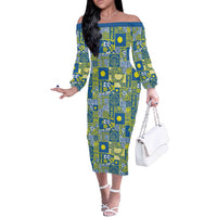 Palau Ungil Kurismas Off The Shoulder Long Sleeve Dress Pacific Patchwork Xmas Vibes - Polynesian Pride