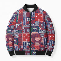 Red Samoa Manuia Le Kerisimasi Bomber Puffer Jacket Pacific Patchwork Xmas Vibes - Polynesian Pride