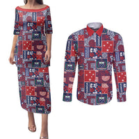 Red Samoa Manuia Le Kerisimasi Couples Matching Puletasi and Long Sleeve Button Shirt Pacific Patchwork Xmas Vibes - Polynesian Pride