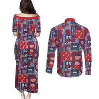 Red Samoa Manuia Le Kerisimasi Couples Matching Puletasi and Long Sleeve Button Shirt Pacific Patchwork Xmas Vibes - Polynesian Pride