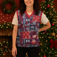 Red Samoa Manuia Le Kerisimasi Christmas Knitted V-Neck Vest Pacific Patchwork Xmas Vibes - Polynesian Pride