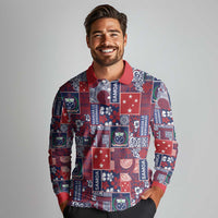 Red Samoa Manuia Le Kerisimasi Long Sleeve Polo Shirt Pacific Patchwork Xmas Vibes - Polynesian Pride