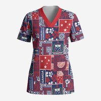 Red Samoa Manuia Le Kerisimasi Scrub Top Pacific Patchwork Xmas Vibes - Polynesian Pride
