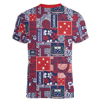 Red Samoa Manuia Le Kerisimasi Women V-Neck T-Shirt Pacific Patchwork Xmas Vibes - Polynesian Pride