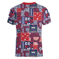 Red Samoa Manuia Le Kerisimasi Women V-Neck T-Shirt Pacific Patchwork Xmas Vibes - Polynesian Pride
