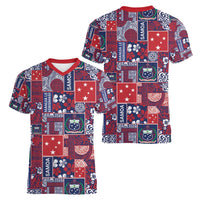 Red Samoa Manuia Le Kerisimasi Women V-Neck T-Shirt Pacific Patchwork Xmas Vibes - Polynesian Pride