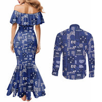 Blue Samoa Manuia Le Kerisimasi Couples Matching Mermaid Dress and Long Sleeve Button Shirt Pacific Patchwork Xmas Vibes - Polynesian Pride