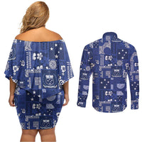 Blue Samoa Manuia Le Kerisimasi Couples Matching Off Shoulder Short Dress and Long Sleeve Button Shirt Pacific Patchwork Xmas Vibes - Polynesian Pride