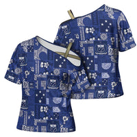 Blue Samoa Manuia Le Kerisimasi Cross Shoulder Shirt Pacific Patchwork Xmas Vibes - Polynesian Pride